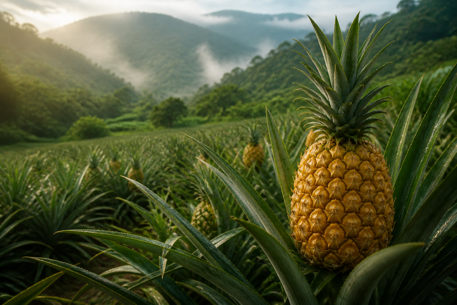 Ripe pineapple growing in a lush Assam farm